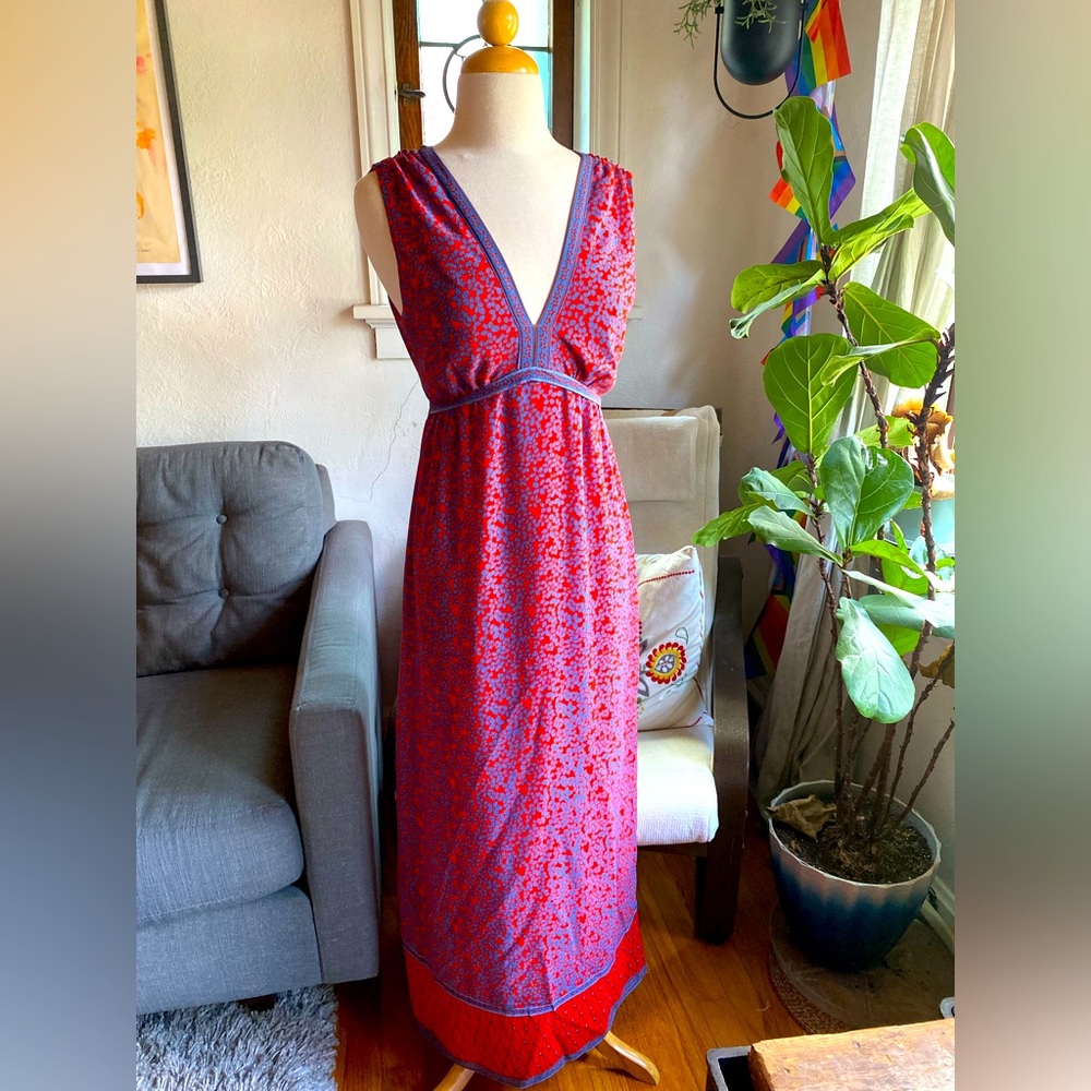 $5 SALE -Chelsea & Violet Red Blue sleeveless Maxi Dress with slit, size S - NWT